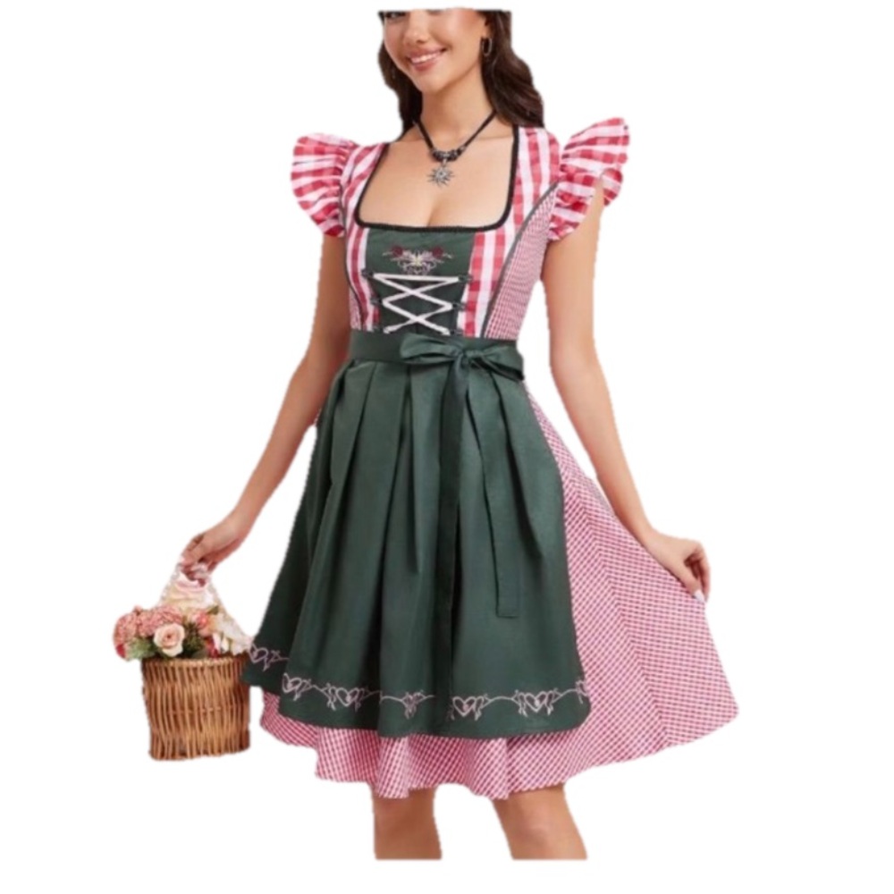 Dirndl Sleeve Square Neck Gingham Panel Dress Embroidered Apron WOMEN’S Size XL